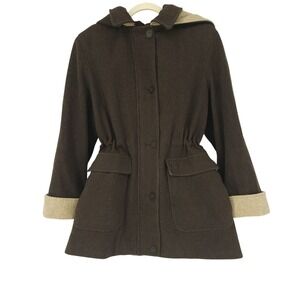 VTG Lagenlook Brown Wool Button Front Chore Jacket Barn Coat Women Sz MED Hooded